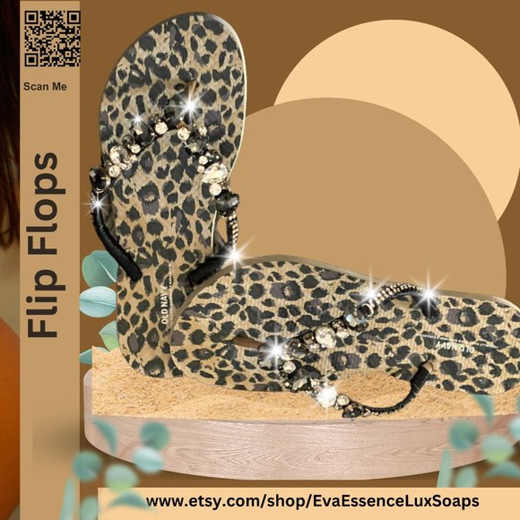 Newly Decorated Leopard Beach Flip Flops, Rhinestones, Shoes, Bridal Sandals - Picture 16 of 16